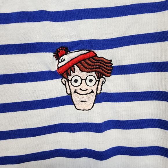 Zara Wheres Waldo T-shirt Size S Blue Stripe Round Neck Embroidered Geeky Casual - Picture 5 of 10